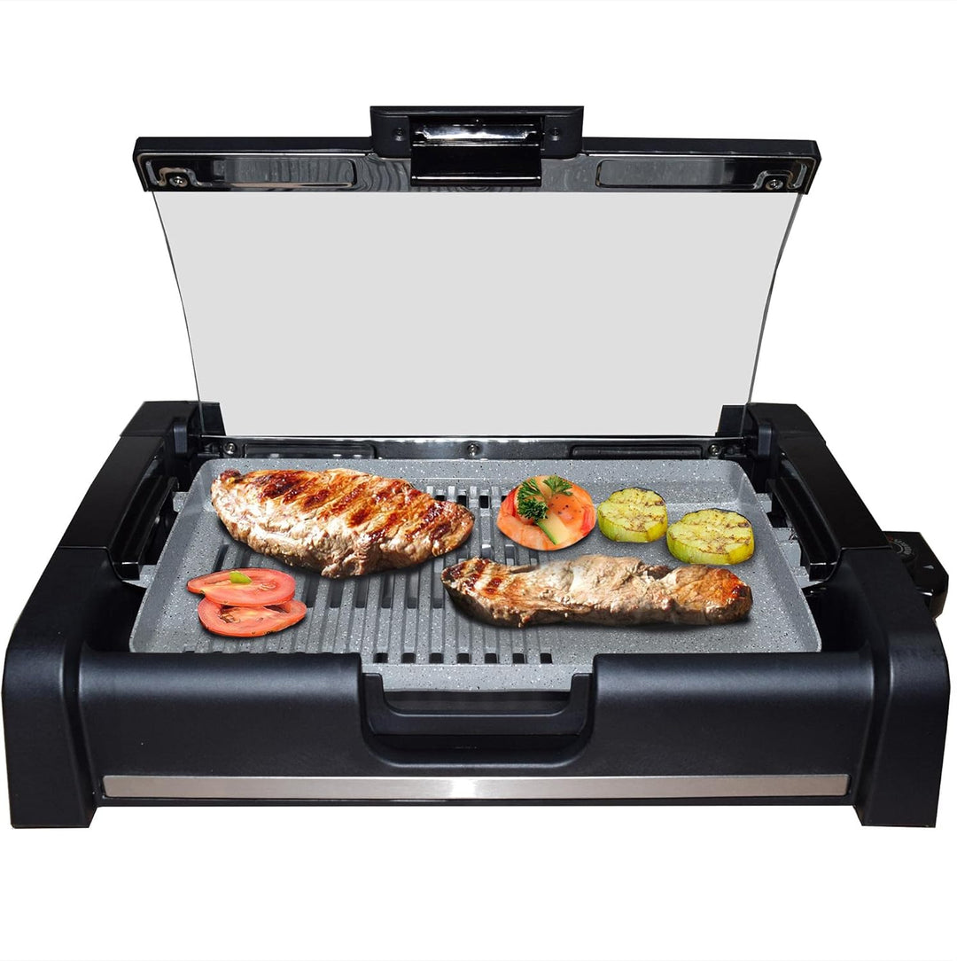 Syntrox Germany elektrischer Tischgrill mit Keramik Grillplatte und Glasdeckel BBQ Grill Elektrogril