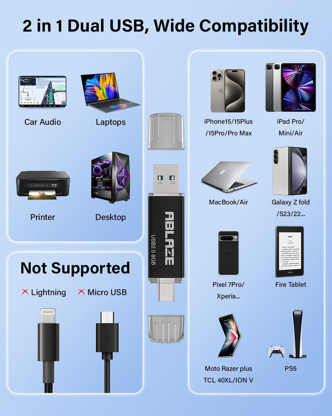 10 Stück USB C Stick 8GB OTG 2.0, ABLAZE Dual Speicherstick 2-IN-1 für Type-C Handy/Smartphone/Lapto