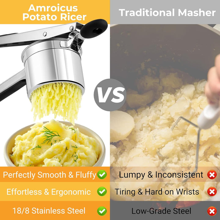 Kartoffelpresse 15oz, robuster Kartoffelstampfer aus Edelstahl mit 3 austauschbaren Scheiben, grosse