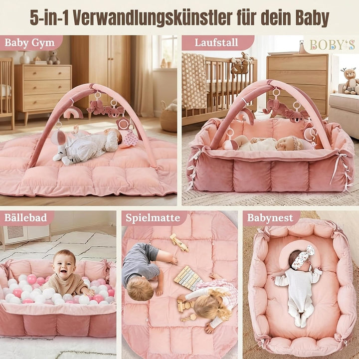 BOBY´S Baby Spielbogen mit Babynest &amp; Krabbeldecke – Baby Gym mit Spielzeug – Spielmatte, Laufstall
