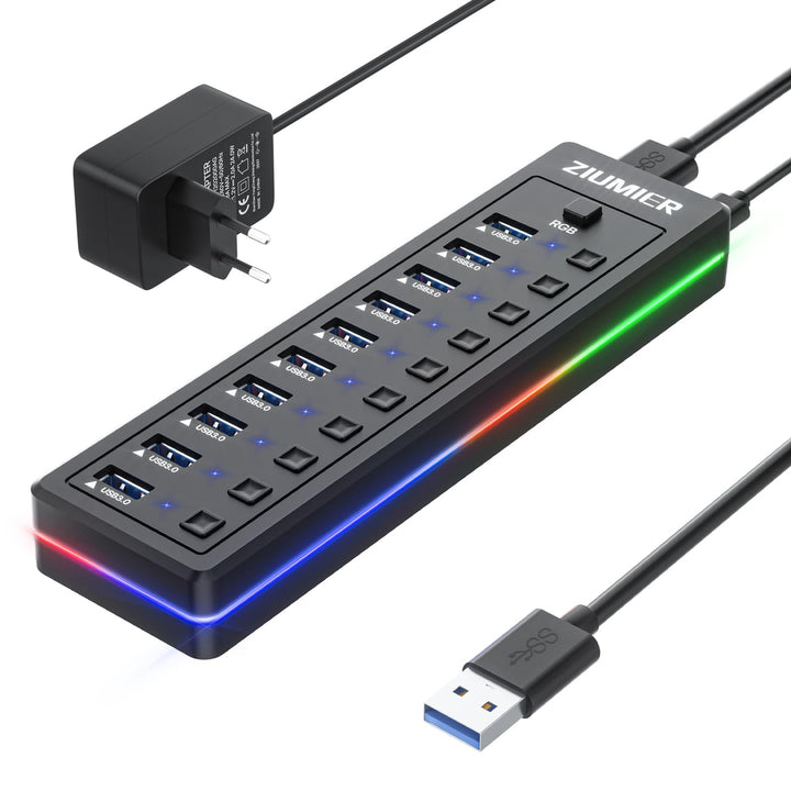 Powered USB Hub, 10-Port USB 3.0 Hub mit RGB LED Strip -5Gbps Datenübertragung, individuelle LED On/