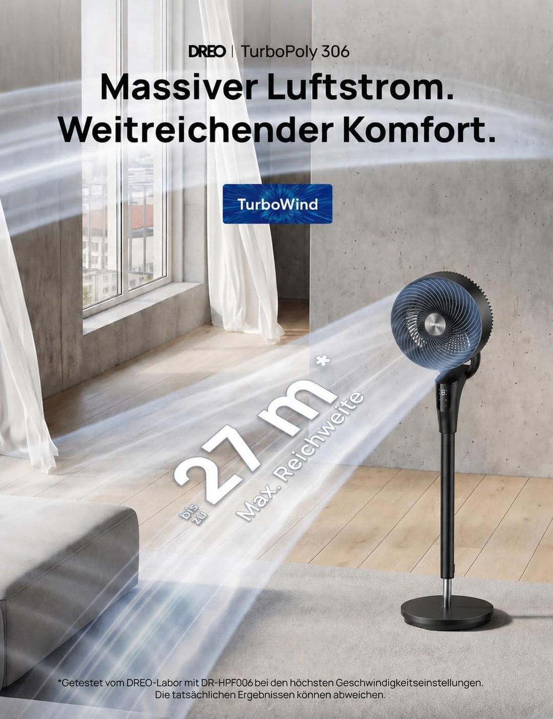 Dreo Leiser Standventilator, 1444m³/h Luftvolumen oszillierende Ventilator, 3 Stufen 6H Timer Turmve