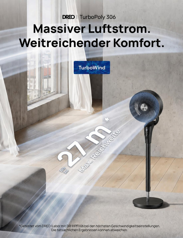 Dreo Leiser Standventilator, 1444m³/h Luftvolumen oszillierende Ventilator, 3 Stufen 6H Timer Turmve