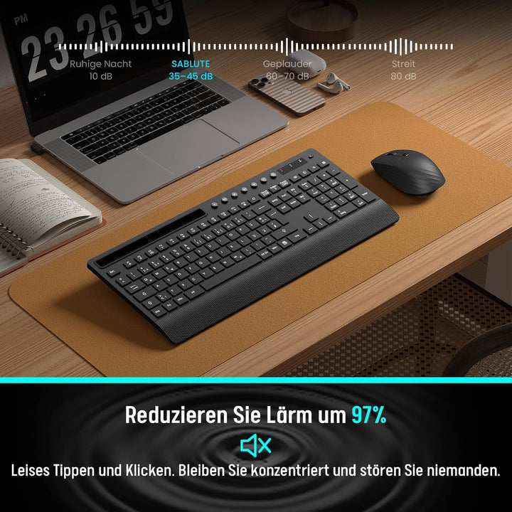 Tastatur Maus Set Kabellos, Leise 2,4 GHz Tastatur in voller Grösse mit Handballenauflage, Telefonha