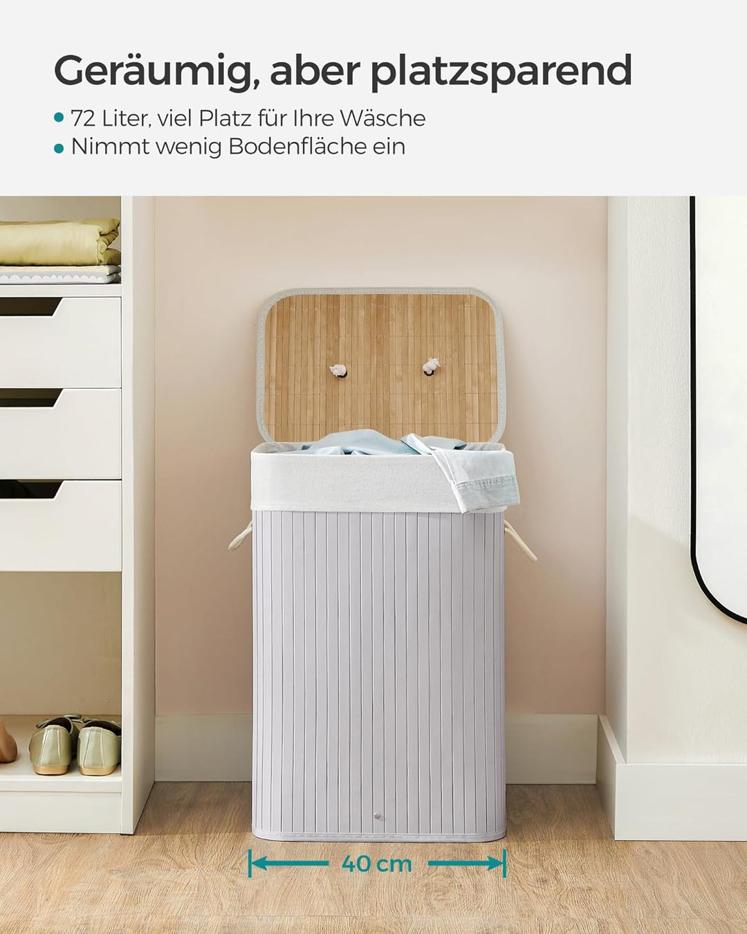 SONGMICS Wäschekorb mit Deckel, 72 Liter, Wäschesammler aus Bambus, faltbar, Wäschesack herausnehmba