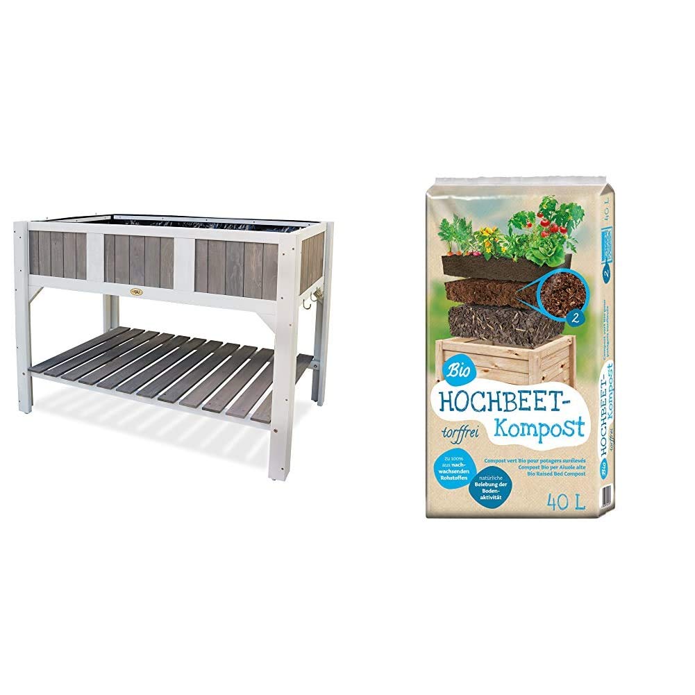 Habau Klara Hochbeet, weiss/grau & Universal Bio Hochbeet-Kompost 40 Liter Garten, Garten