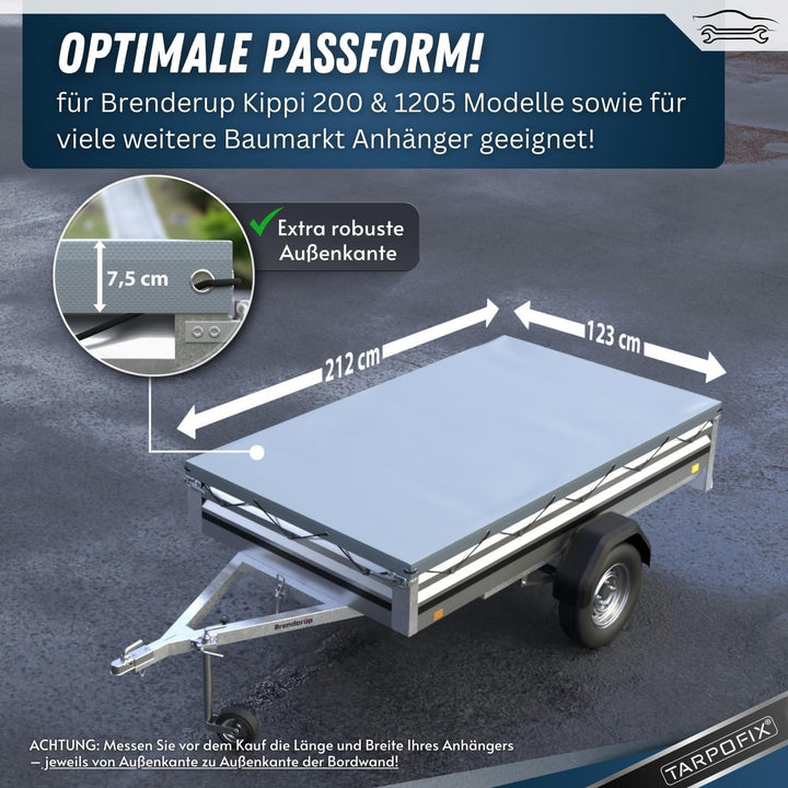 Tarpofix® Anhängerplane Flachplane 212x123x7,5 cm + 1x Planenbügel (verstellbar 100-145 cm) - randve