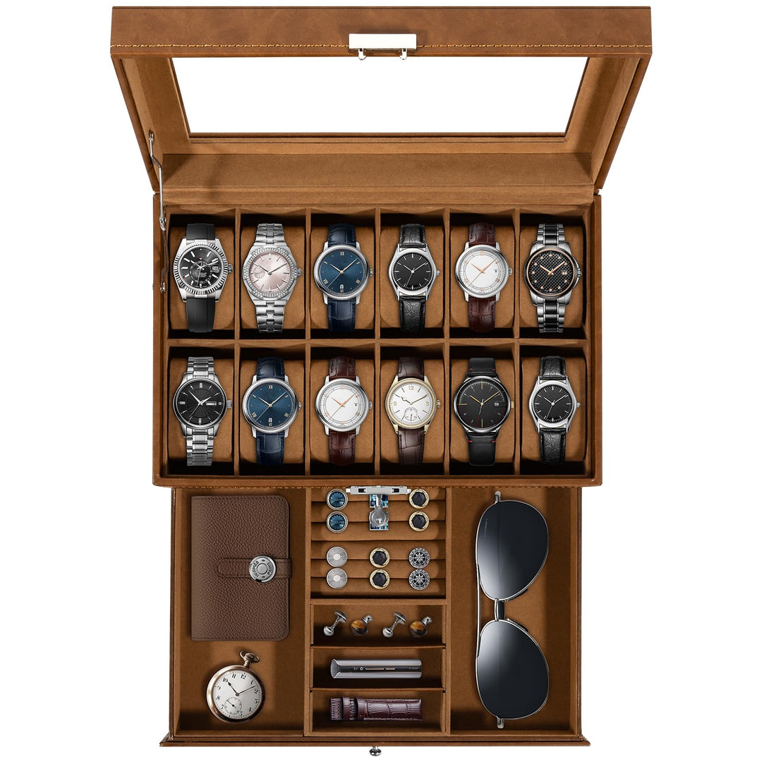 Uten Uhrenbox, 12 Fächern und 1 Schublade mit Schlüsselschloss, Glasdeckel, Braunes PU, Braunes Samt