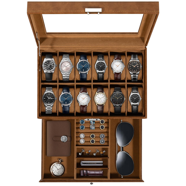 Uten Uhrenbox, 12 Fächern und 1 Schublade mit Schlüsselschloss, Glasdeckel, Braunes PU, Braunes Samt