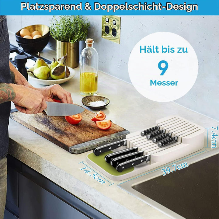 Verbesserte Messerblock für Schublade, Zweistufiger Messer Organizer mit Schlitzen, Platz für 9 Mess