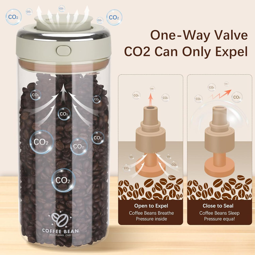 Kaffeedose Luftdicht Glas, 1.7L Kaffeebohnen Behälter mit Auslassventil und Datumsanzeige, Transpare