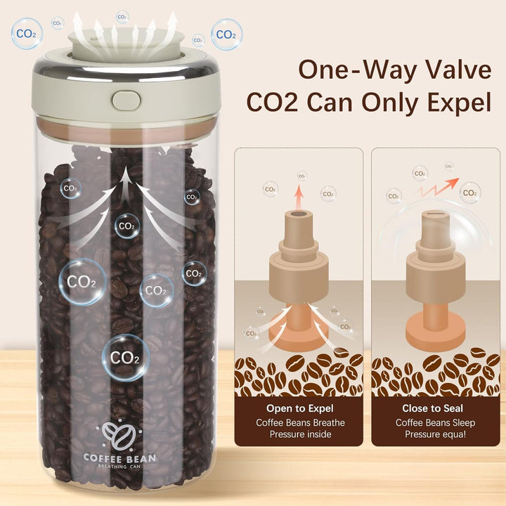 Kaffeedose Luftdicht Glas, 1.7L Kaffeebohnen Behälter mit Auslassventil und Datumsanzeige, Transpare