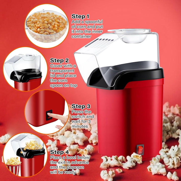Heissluft Popcornmaschine - 1200W Mini Heissluft Popcorn Maker Ohne Öl Fett, 3 Min Schnellstart, One