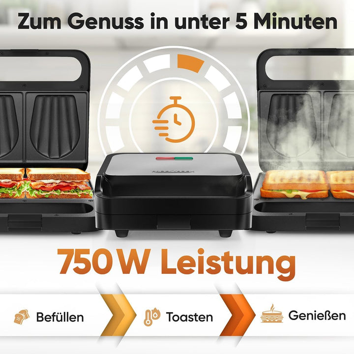 ProfiCook® Sandwichmaker | muschelförmige Sandwiches mit extra viel Füllung | antihaftbeschichtet |