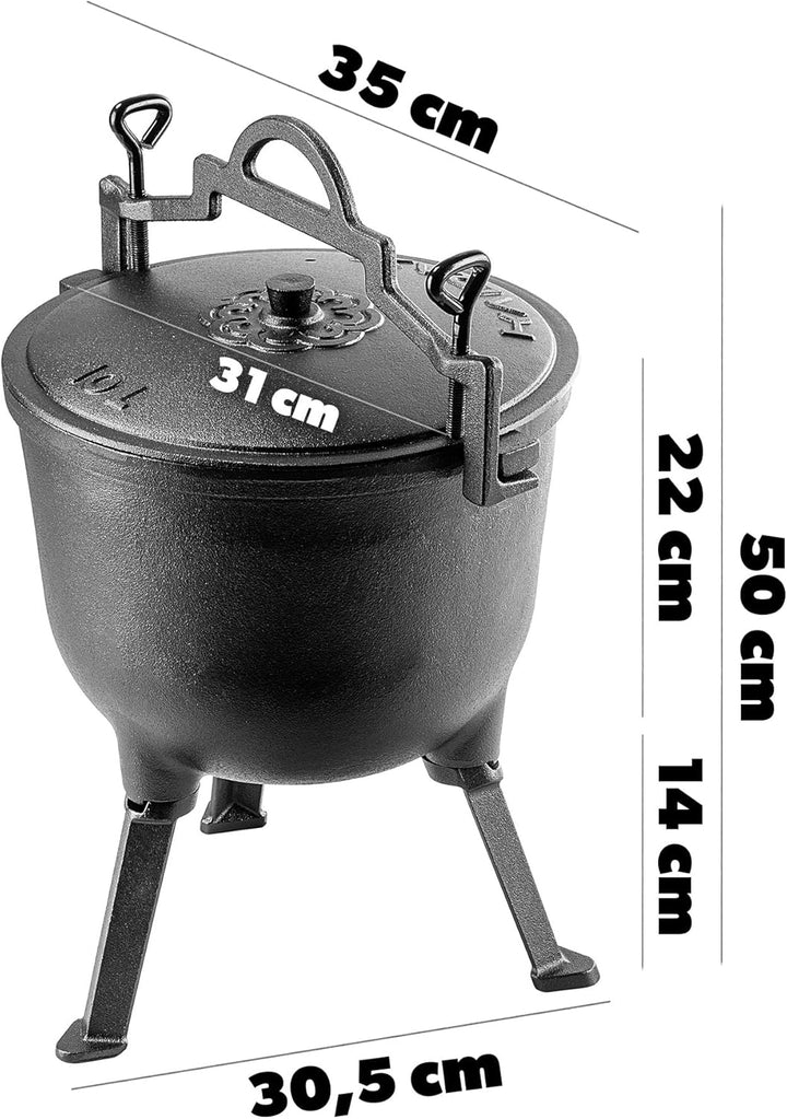 KADAX Jagdkessel 10L, Gusseisen Kochtopf mit Füssen, Schmortopf aus Gusseisen, Dutch Oven für Garten