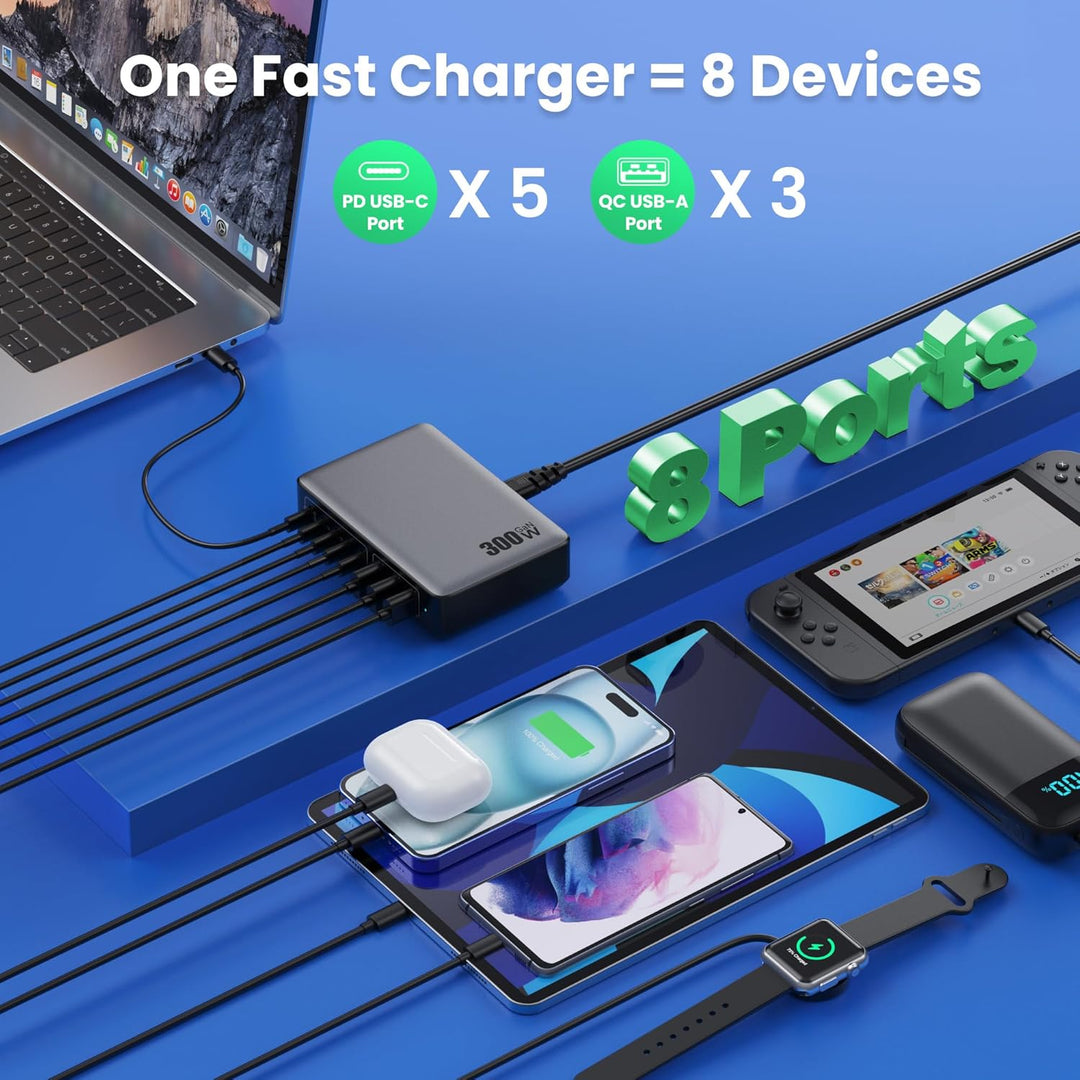 300W USB C Ladegerät Mehrfach, 8 Ports Schnellladegerät 100W USB Ladestation Charger PD PPS USB C Ne