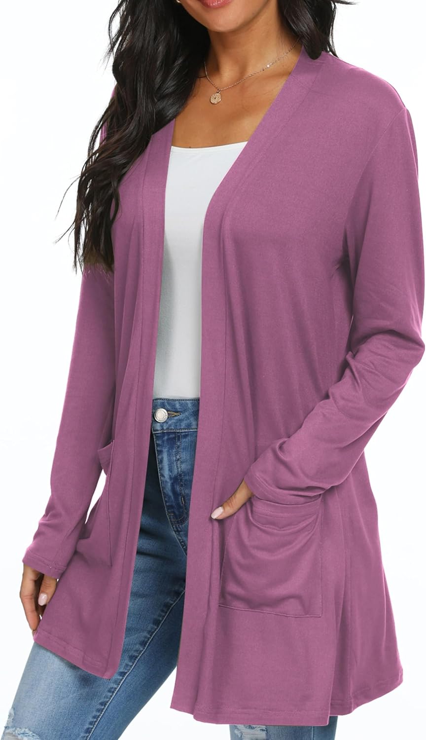 QIXING Casual Leichte Strickjacke Damen Lang Elegant Dünne Strickjacke Lange Ärmel mit Taschen Open