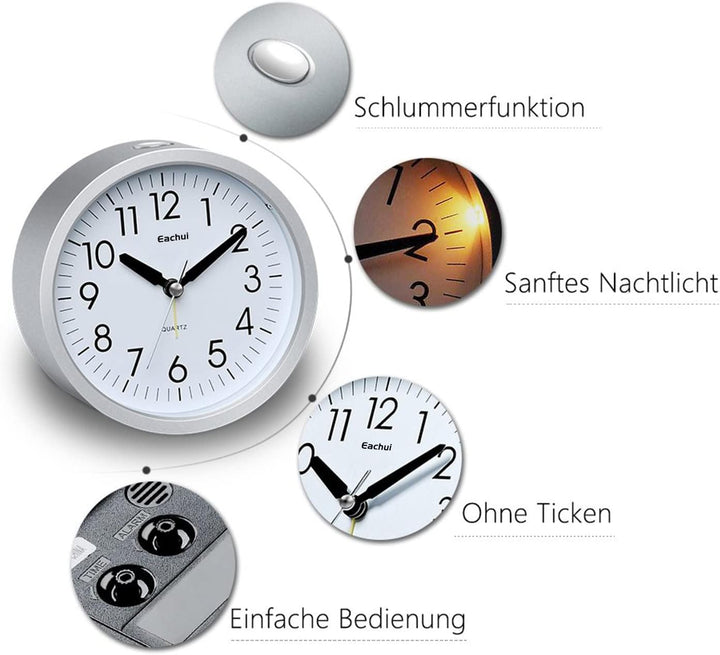 Eachui Wecker Analog Ohne Ticken mit Schlummerfunktion, Nachtlicht, Batteriebetrieben, Geräuschlos,