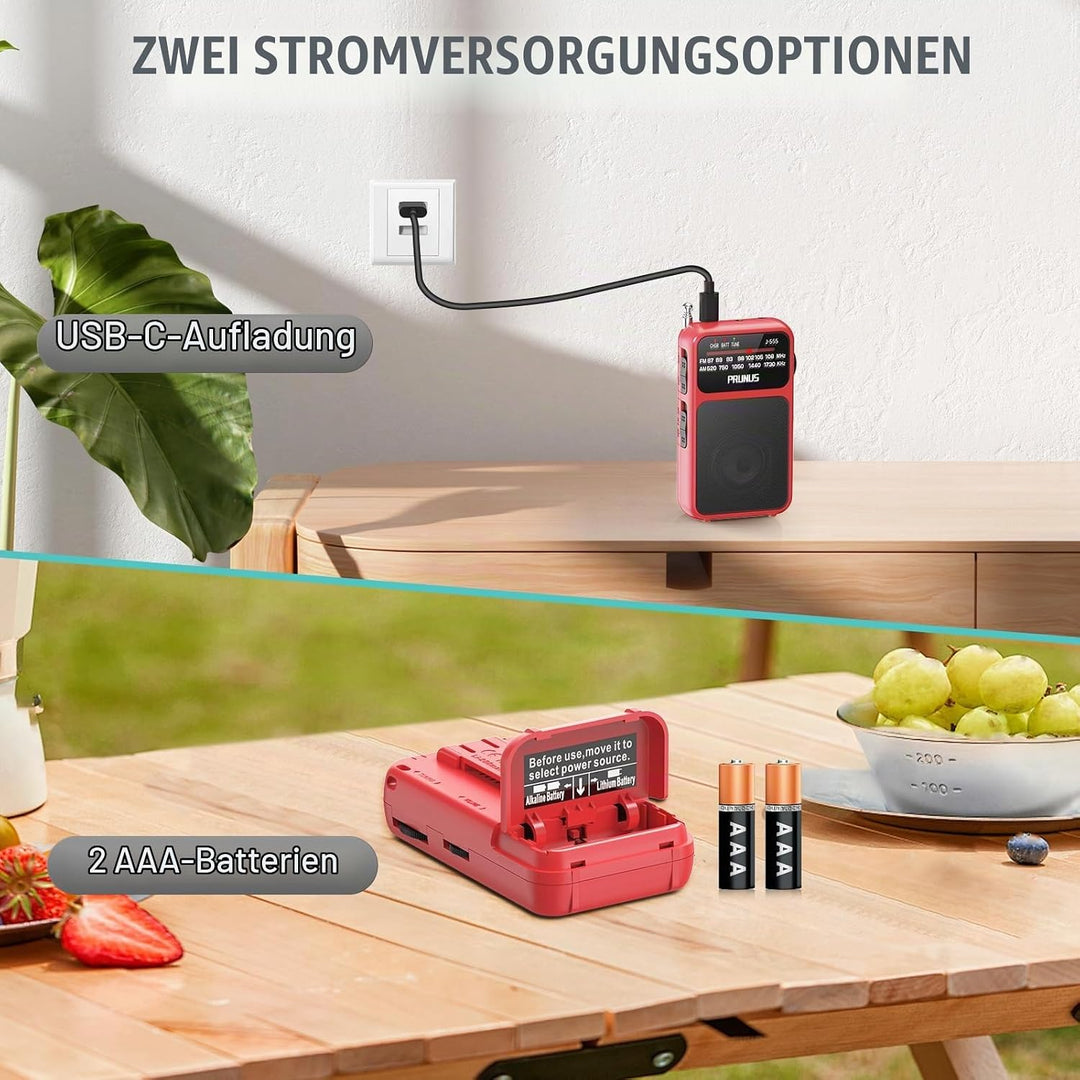 PRUNUS J-555 AM/FM/UKW Radio Klein, Kleines Radio mit Akku, USB-C-Laden, Mini Radio Batteriebetriebe