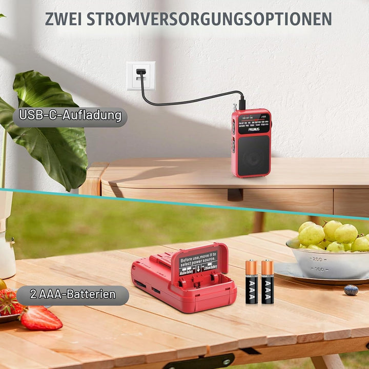 PRUNUS J-555 AM/FM/UKW Radio Klein, Kleines Radio mit Akku, USB-C-Laden, Mini Radio Batteriebetriebe