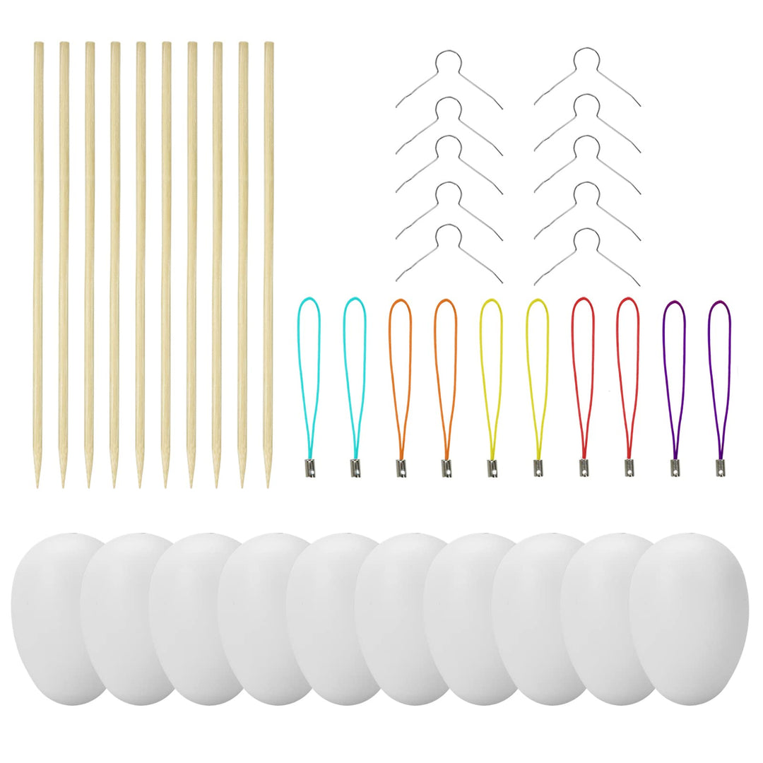 25 Deko-Eier Ostern [6 cm, Kunststoff] + 25 Aufhänger für Ostereier + 10 Schaschlik-Spiesse fürs Mar