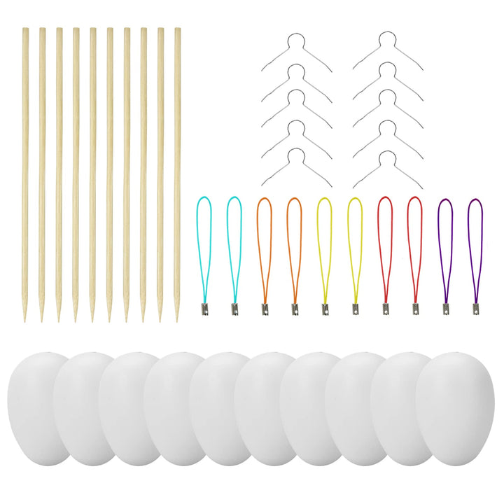 25 Deko-Eier Ostern [6 cm, Kunststoff] + 25 Aufhänger für Ostereier + 10 Schaschlik-Spiesse fürs Mar