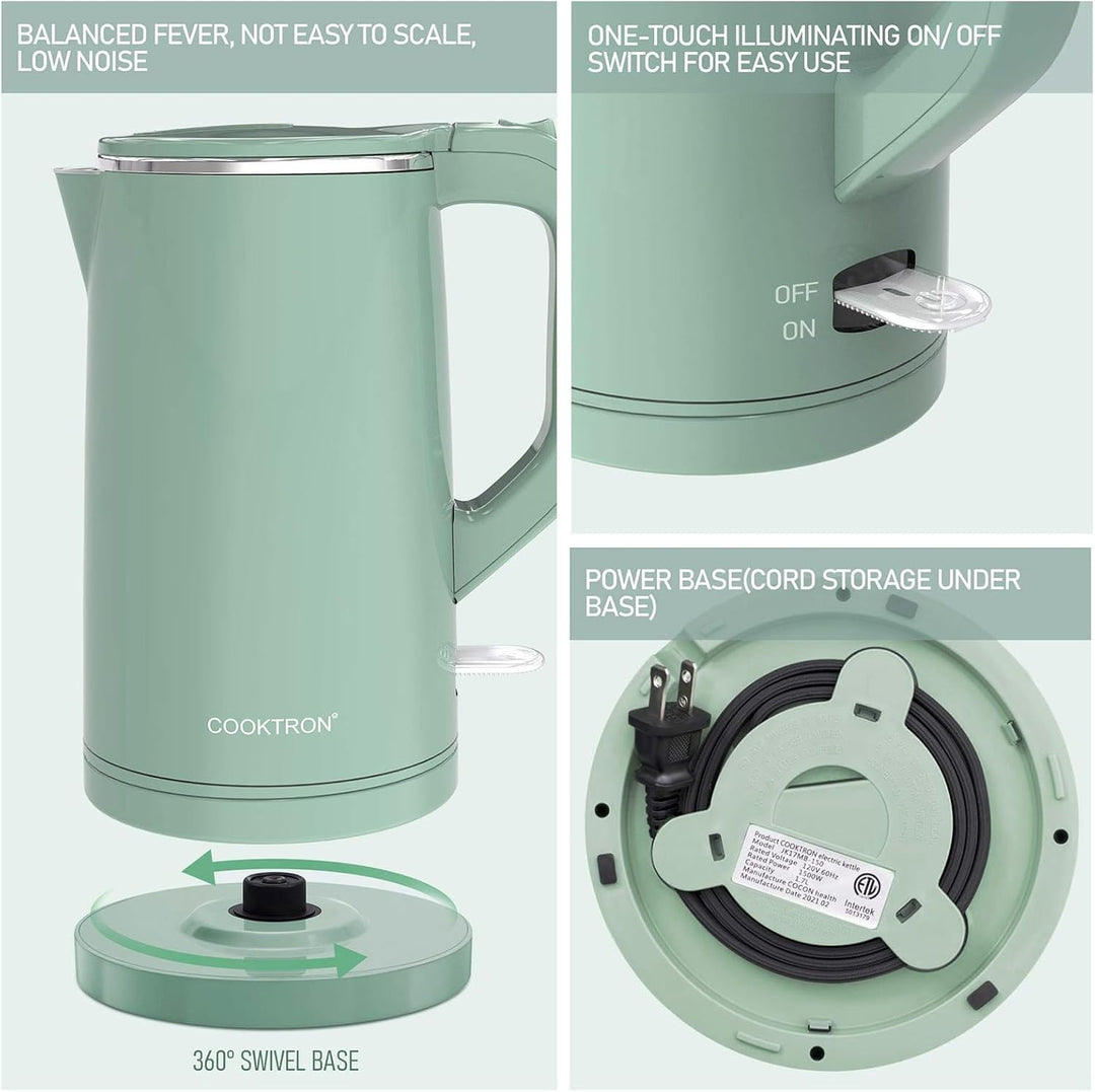 Cooktron Leiser Wasserkocher, Wasserkocher Edelstahl 1,7L, Extra Leise, 1.7 Liter Grün