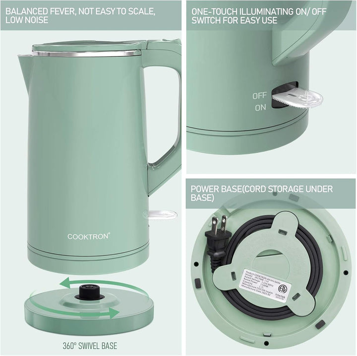 Cooktron Leiser Wasserkocher, Wasserkocher Edelstahl 1,7L, Extra Leise, 1.7 Liter Grün