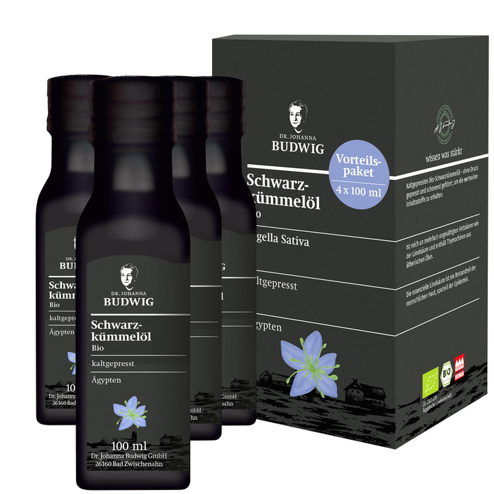 Dr. Budwig Premium Bio Schwarzkümmelöl Vorratspack gefiltert (4x 100ml) - nigella sativa - ätherisch