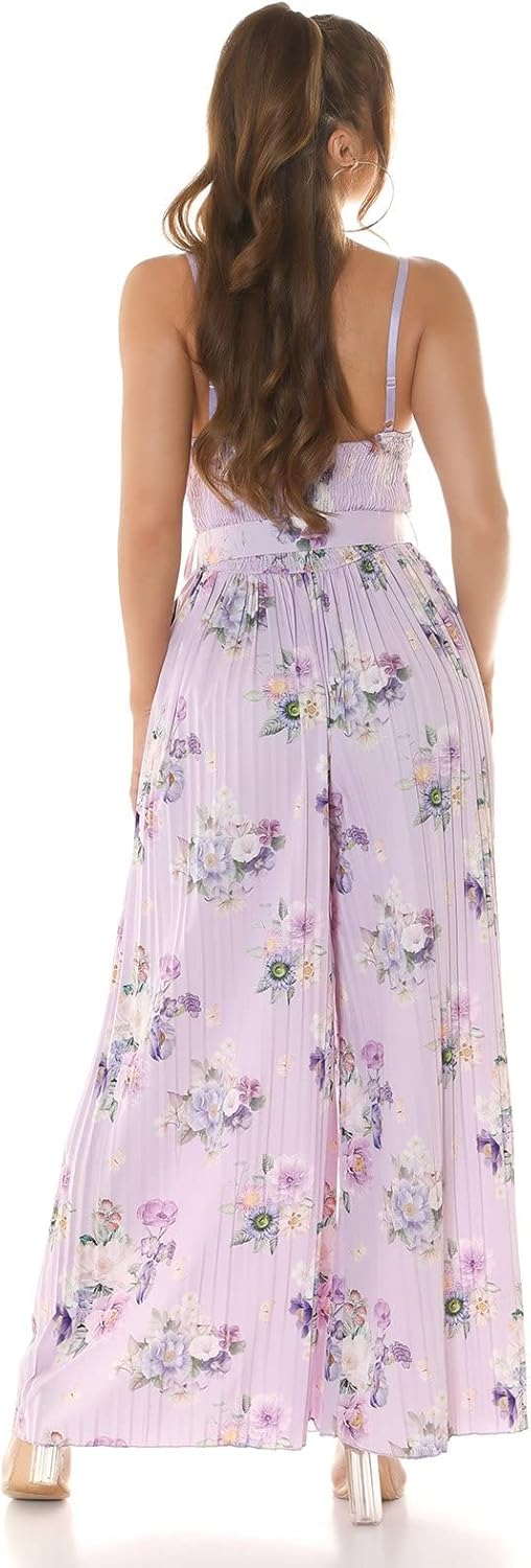 Koucla Flower Printed Plissee Extreme Marlene Jumpsuit Overall mit Gürtel Einheitsgrösse Flieder, Ei