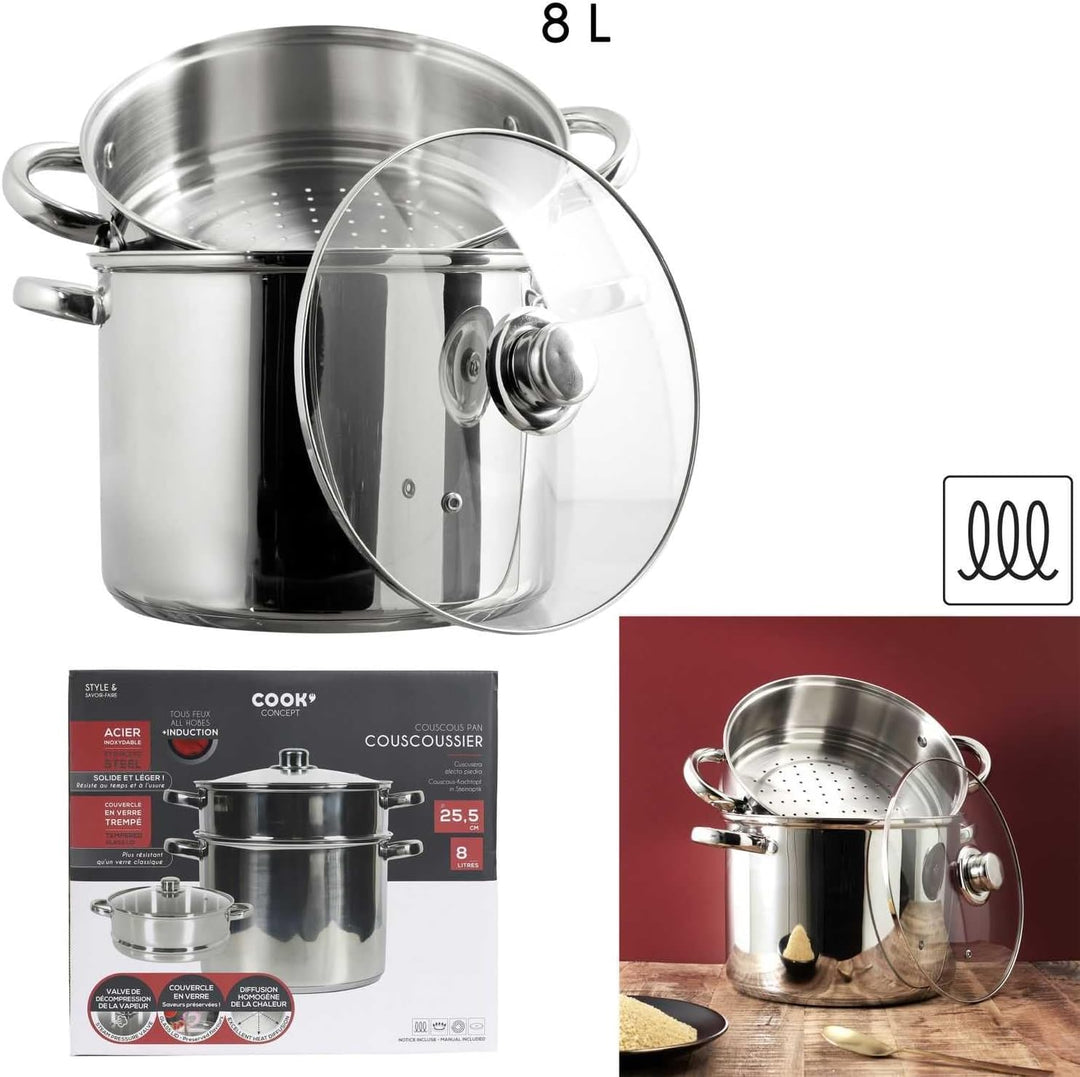 COOK CONCEPT, KC0006, Metal Couscous Maker with Glass lid, 8L Capacity, Compatible with All Heat Sou