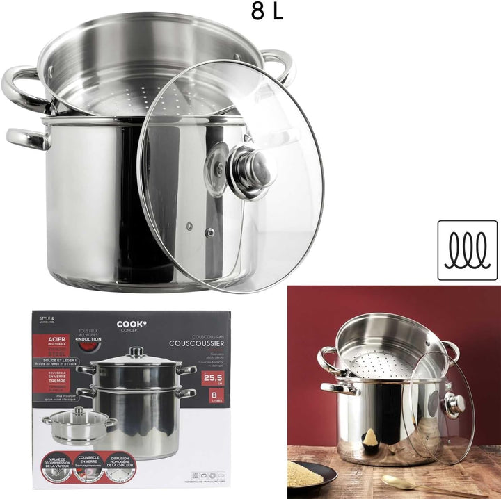 COOK CONCEPT, KC0006, Metal Couscous Maker with Glass lid, 8L Capacity, Compatible with All Heat Sou