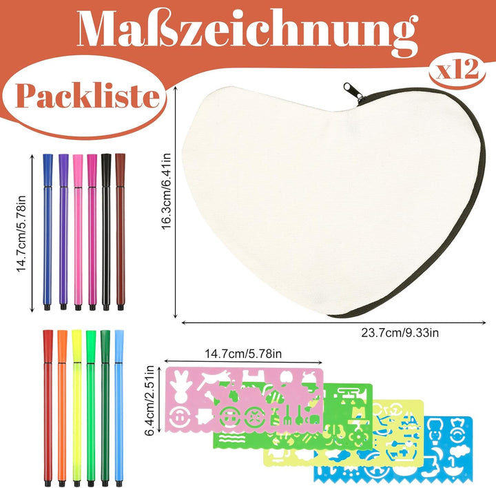 10 Herzförmige Stoffbeutel zum Bemalen, DIY Federmäppchen mit 12 Buntstiften und 4 Malschablonen