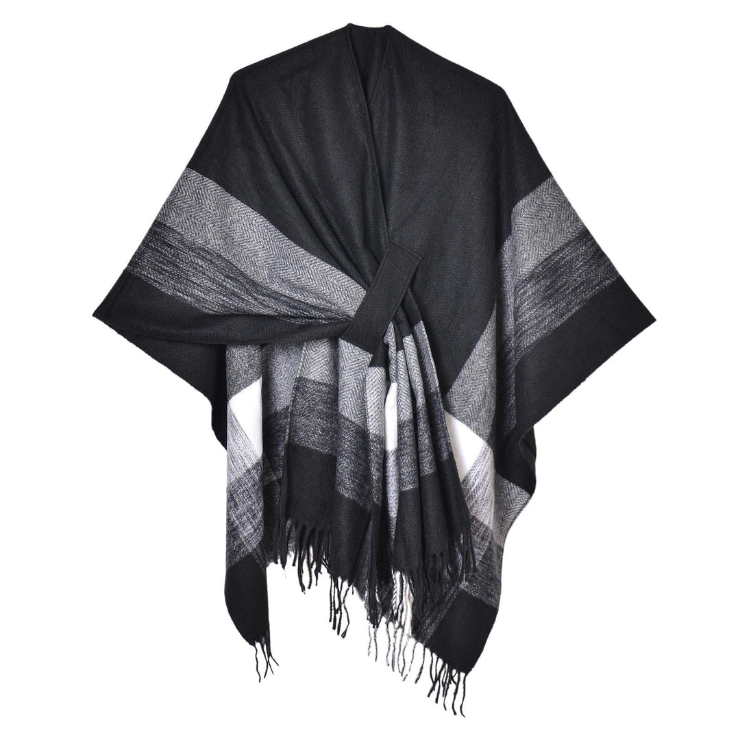 Wahuan Eleganter Bequemer Damen Poncho Pullover mit Chevronstreifen und Fransen Poncho Cape Retro Ca