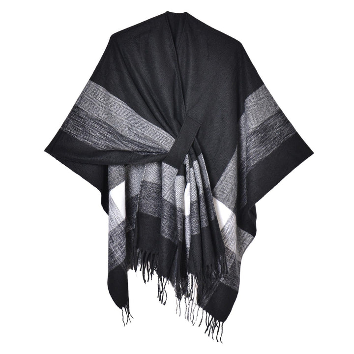 Wahuan Eleganter Bequemer Damen Poncho Pullover mit Chevronstreifen und Fransen Poncho Cape Retro Ca
