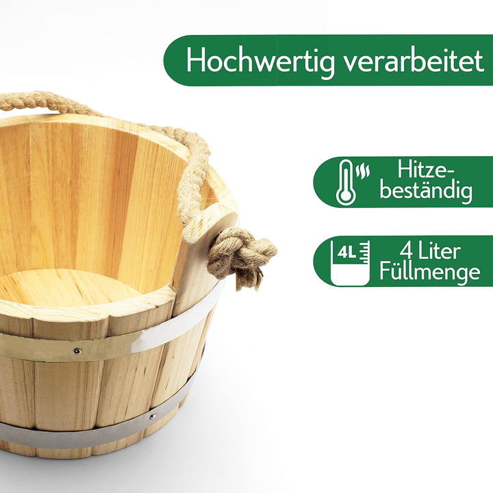CozyNature® Sauna Eimer mit Kelle aus hochwertigem finnischen Kiefern-Holz | edle Metallringe - kräf