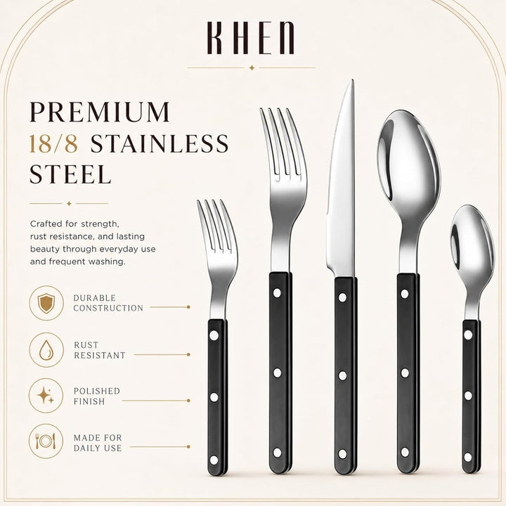 Khen Black Cutlery Sabre Besteck-Set, 6-teilig, 18/8 Edelstahl, modernes Besteck für Zuhause, Küche