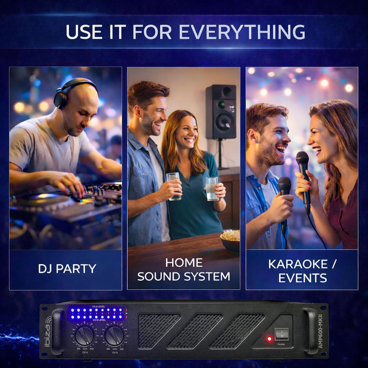 Ibiza - AMP600-MKII - Professioneller PA-Verstärker 2x480W mit RCA/Klinke Eingängen und Speakon/Born