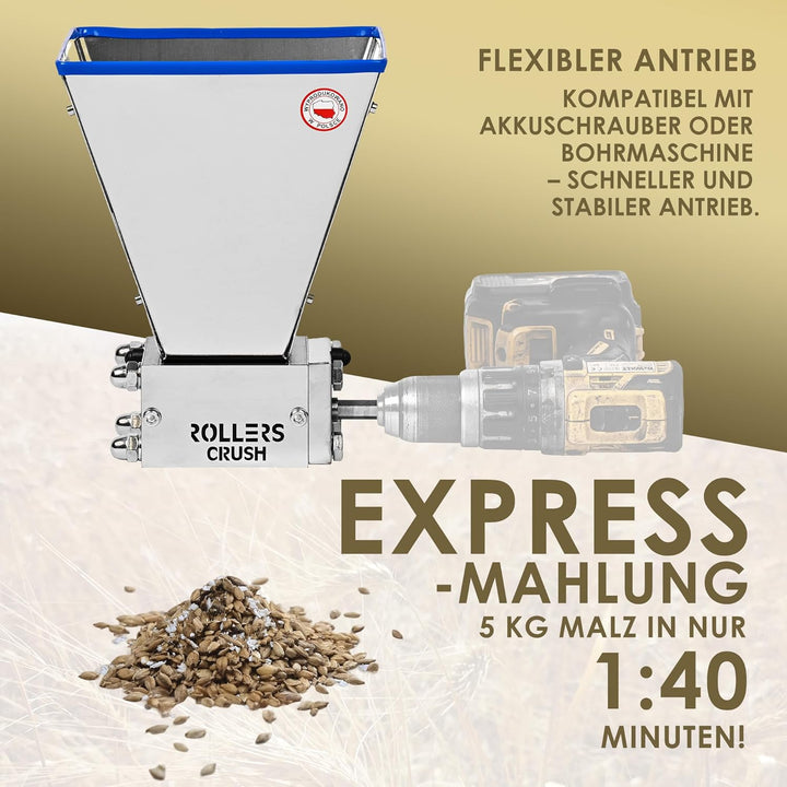 Walzenmühle für Malz - Getreidemühle, Malzmühle, Schrotmühle, Malt Mill, Haferquetsche - Bierbrauen