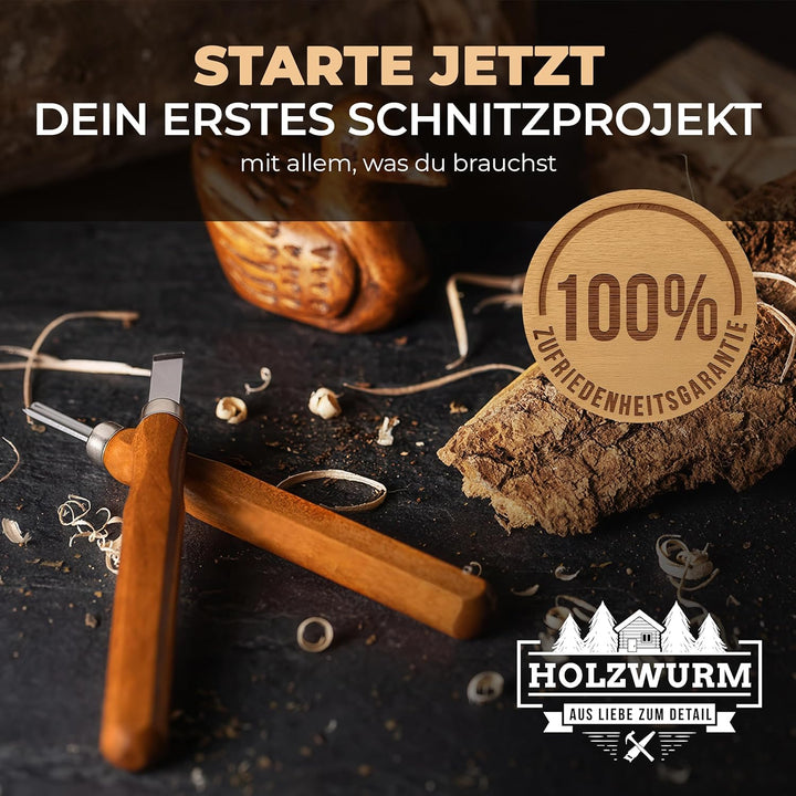 HOLZWURM Holz-Schnitzwerkzeug Set 12-tlg, inkl. Tasche, Anleitung & Abziehstein, ideales Schnitzmess