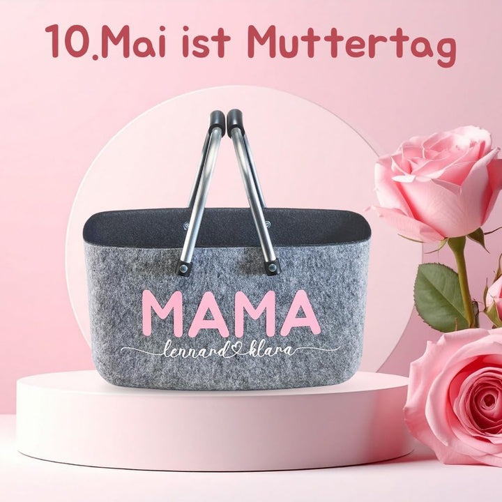 Kobolo personalisierbarer Filzkorb | 36x22x18 cm | grau-schwarz | moderner Einkaufskorb mit stabilen