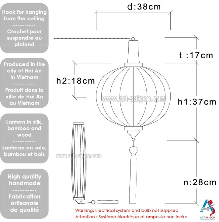 Lampion, asiatische Hoi an Seide Mauve R – Ø 38 cm (REF. R25-M) – Kunsthandwerk aus Vietnam.