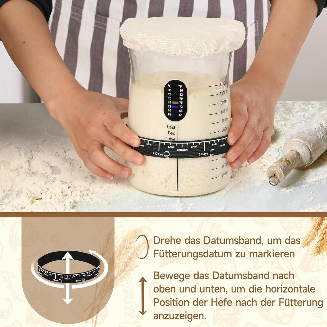 Pro Sauerteig Starter Set – 1,5L Grosses Sauerteig Glas mit 17 Rezepten – Sauerteigstarter Zubehör f