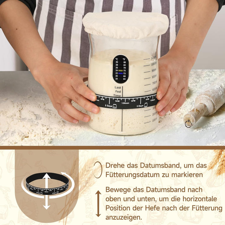 Pro Sauerteig Starter Set – 1,5L Grosses Sauerteig Glas mit 17 Rezepten – Sauerteigstarter Zubehör f