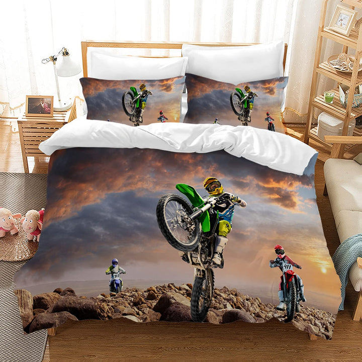 Motocross Bettwäsche Sets, 3D-gedrucktes Muster von Extremsport-Motorrad-Themen-Bettbezug mit 2 Kiss
