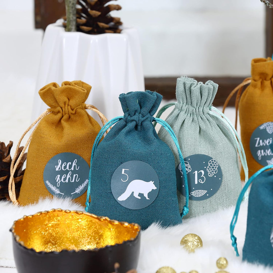 Papierdrachen 24 Adventskalender Stoffsäckchen zum Befüllen - mit Zahlenaufklebern von 1-24 - Stoffb