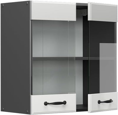 Vicco Küchenschrank Glas R-Line, Weiss Landhaus/Anthrazit, 60 cm Hängeglasschrank 60 cm, Hängeglassc