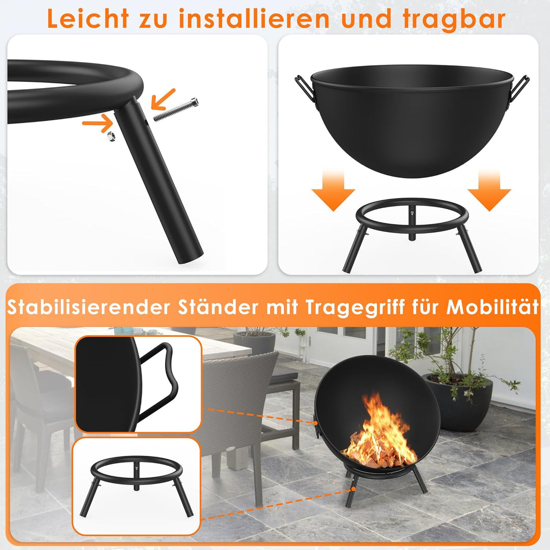 UISEBRT Runde Feuerschale 60 cm aus Stahl tragbare Feuerstelle mit Holzrost und Zubehör ideal für Ga