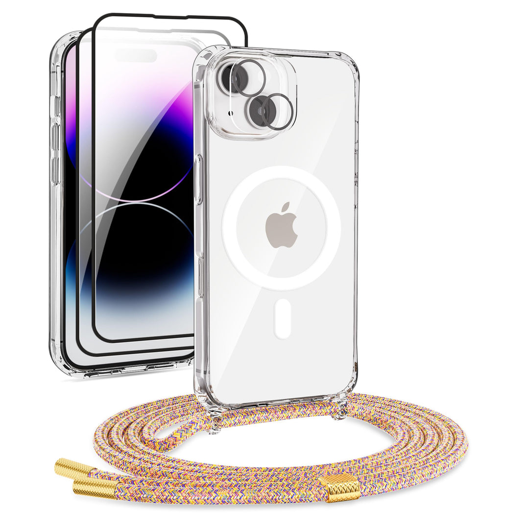 DiDaDi Handyhülle für iPhone 15 Plus Hülle mit Band & Magnet - Transparente Handykette, Abnehmbar mi