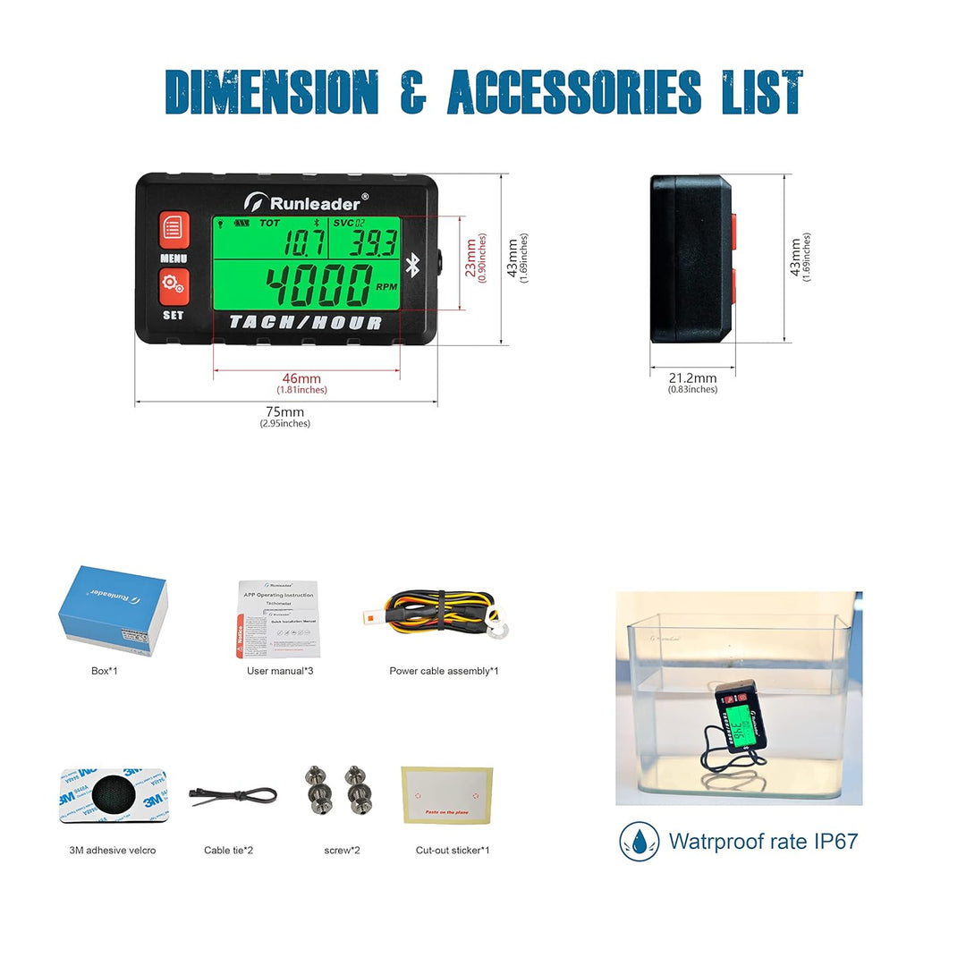 Runleader Digital Bluetooth Tach/Stundenzähler, APP Ferngesteuerte Stunden Tachometer, Wartungserinn